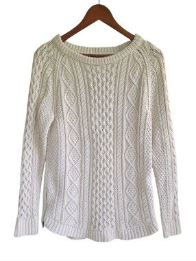 LLBean Classic Cable Knit Fishermans Sweater Cream 100% Cotton Womens XS